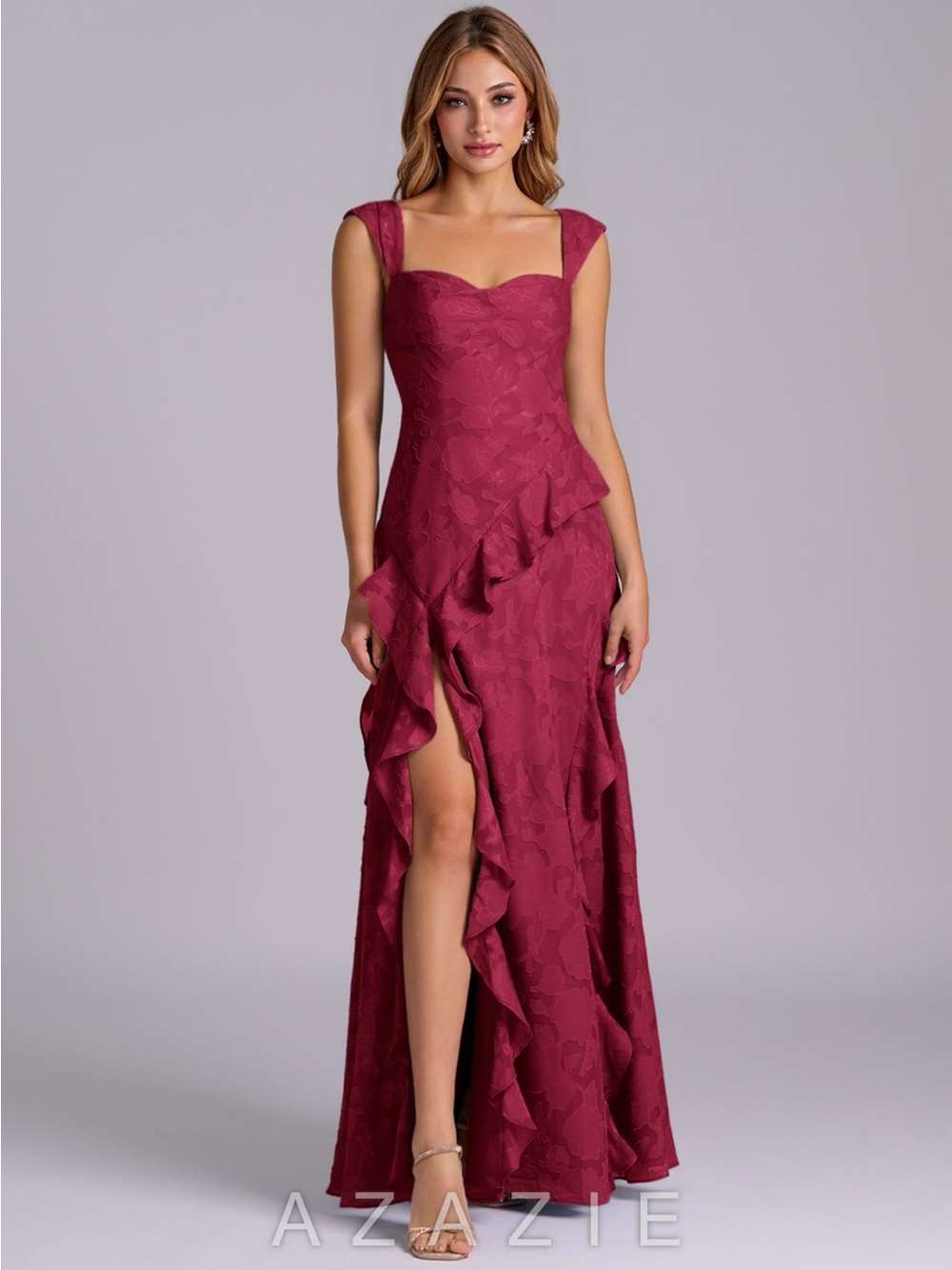 Azazie Sloane Floral Burnout Women's Burgundy Ruffled Evening Gown - Picture 2 of 5